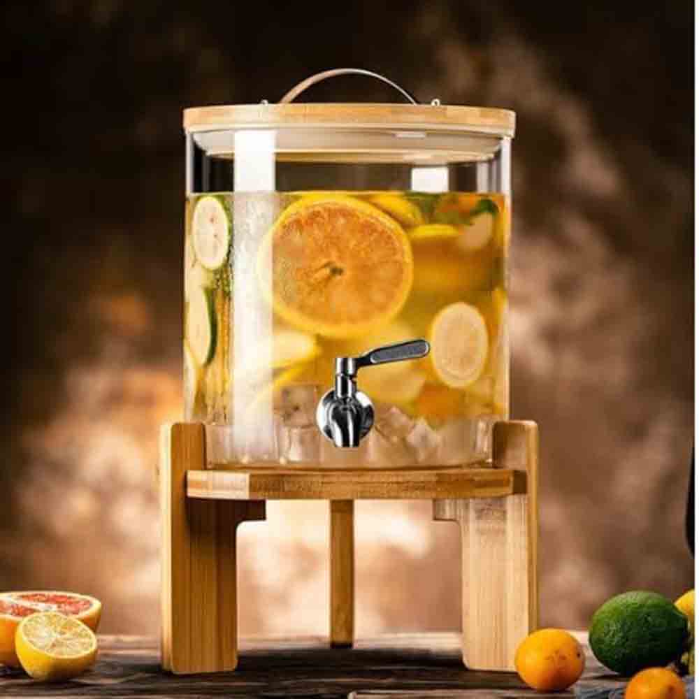 1Chase - Glass Drink Dispenser With Spigot And Wooden Stand - 5 L