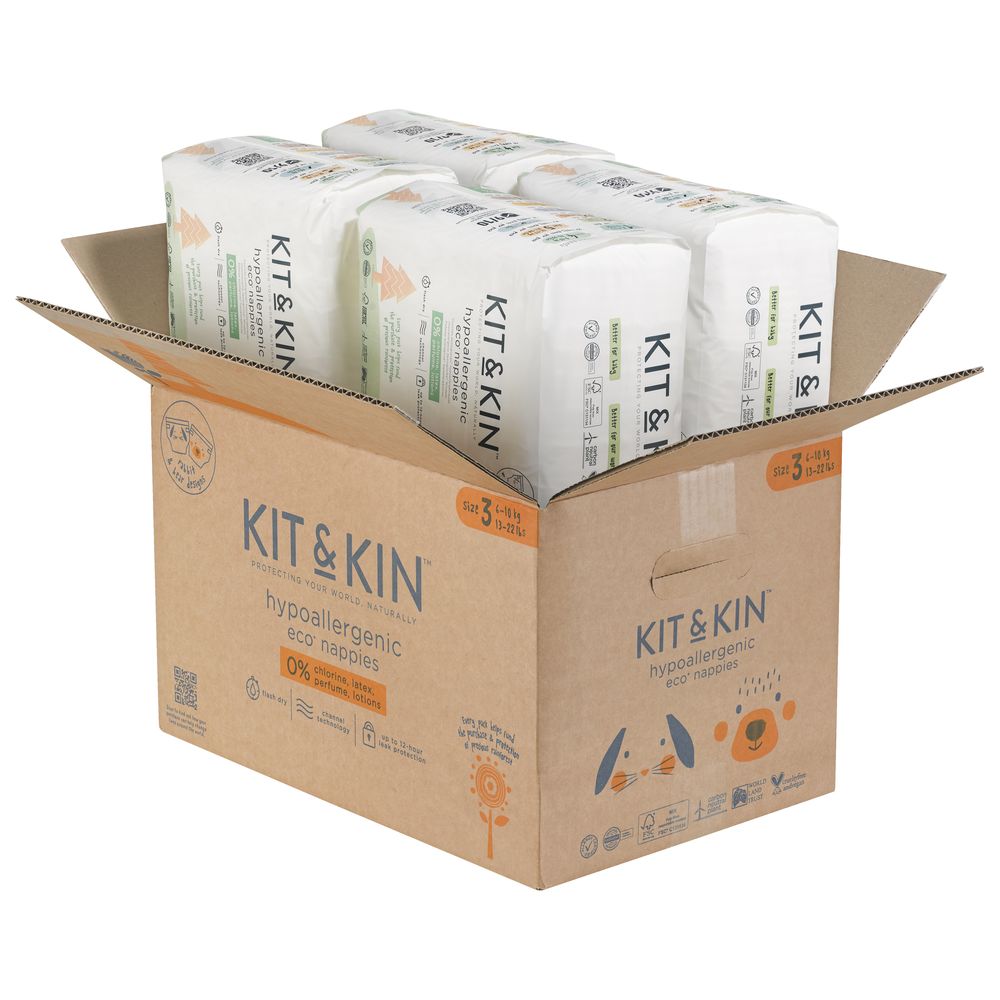 Kit & Kin - Eco Diapers Size 3 - Pack of 4 - up to 12hrs - 128 Diapers