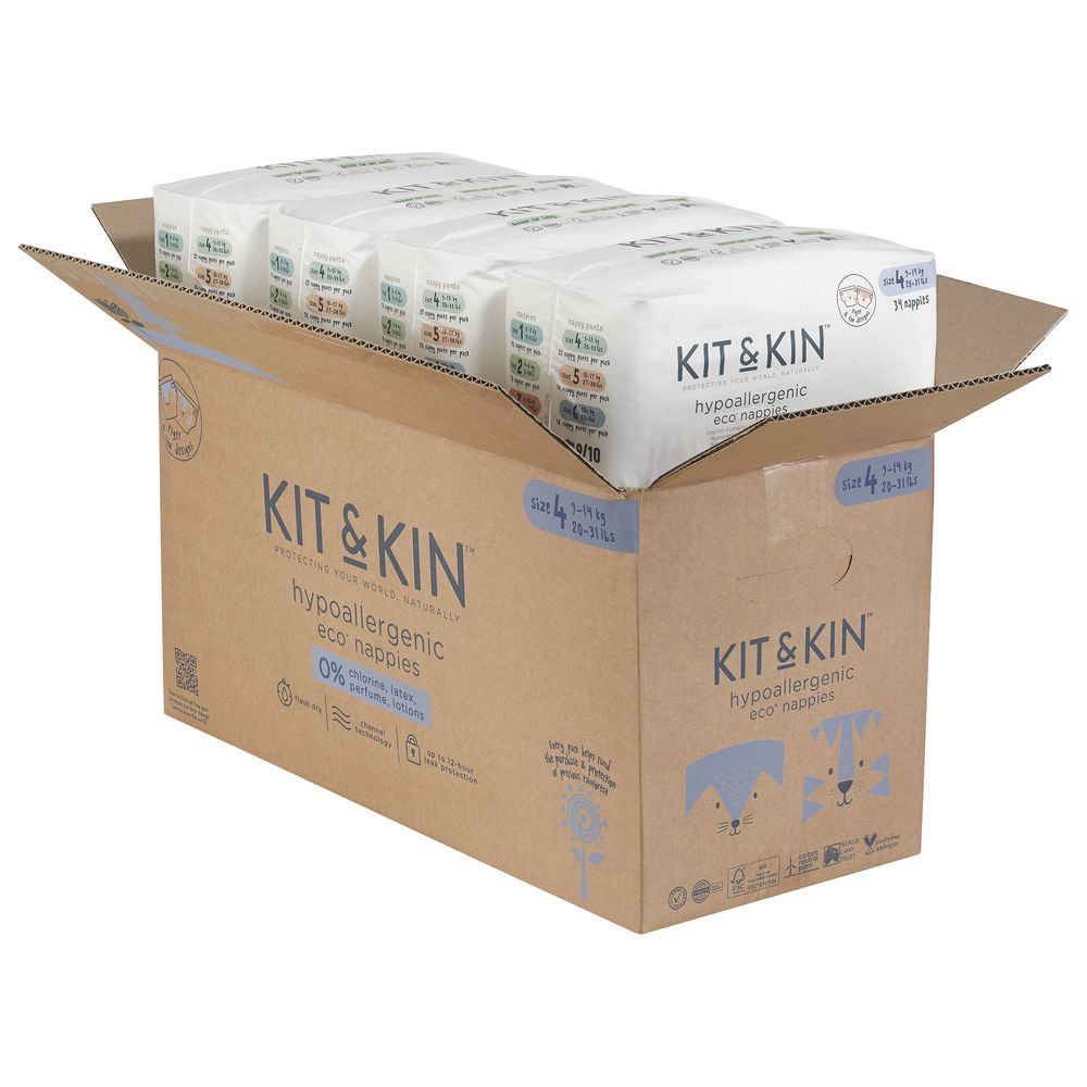 Kit & Kin - Eco Diapers Size 4 - Pack of 4 - 136 Diapers - 9-14kg